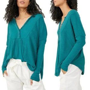 NEW Free People Leo Oversize Henley Soft Waffle Knit Tunic Top $68 Teal Green M